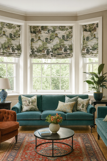 Oriental style living room with bay windows and Roman blinds in white chinoiserie pagoda fabric